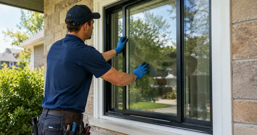 technician measuring a broken window pane for replacement in Thorold Centre, Thorold