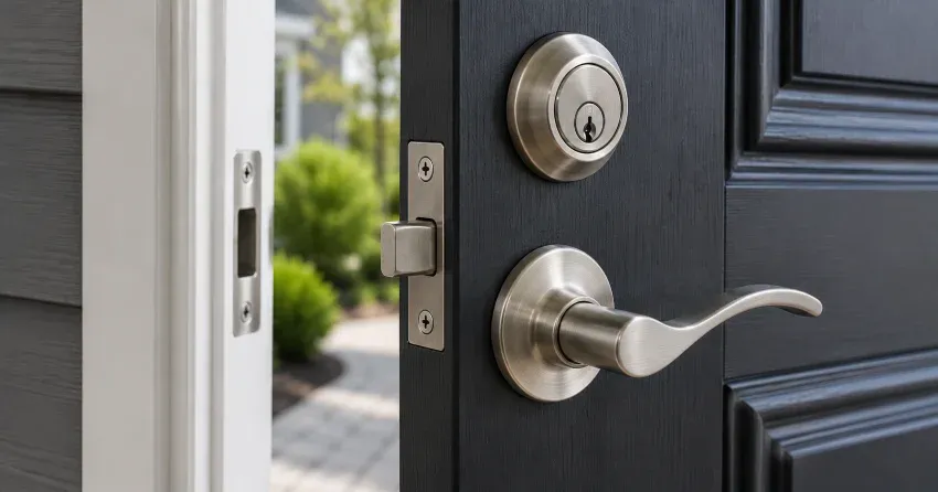 technician performing emergency door repair Thorold at night