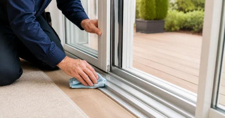 technician inspecting a sliding patio door track in Old Town Thorold, Thorold