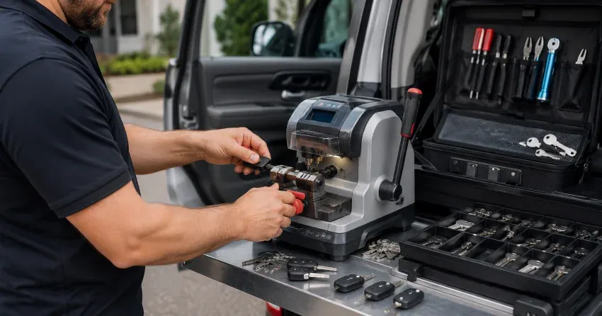 technician cutting a replacement car door lock key in Thorold Centre, Thorold