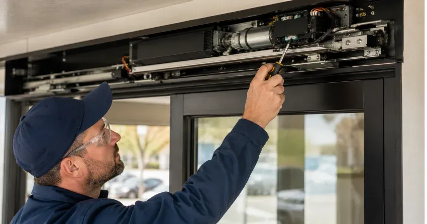 technician completing automatic door repair on residential property in Old Town Thorold, Thorold