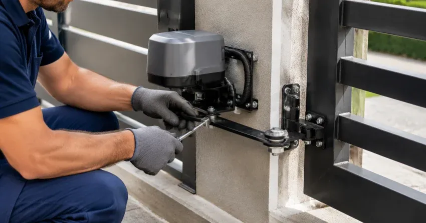 technician diagnosing automatic gate motor and control panel in Thorold