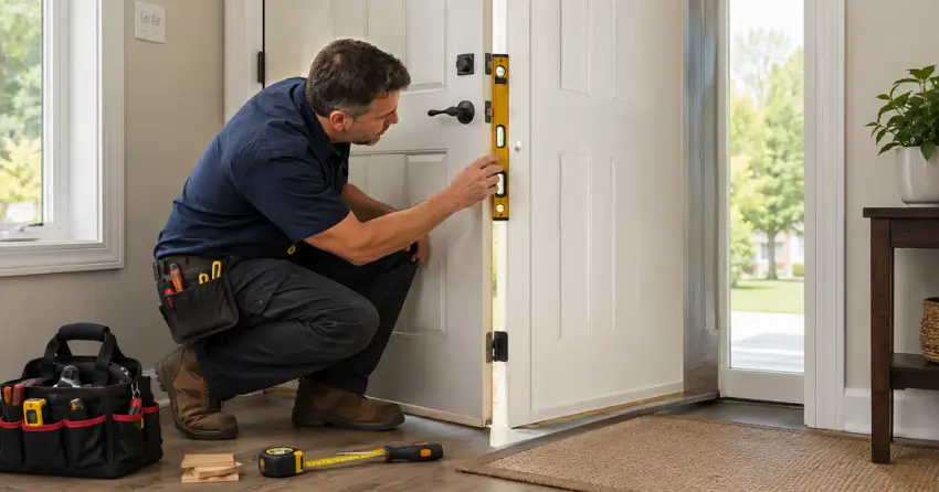 technician diagnosing a misaligned door frame in Old Town Thorold, Thorold
