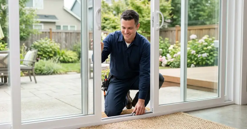 technician diagnosing a sticking patio door in Port Robinson Estates, Thorold