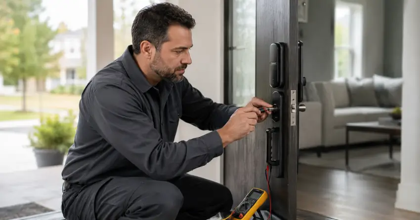 technician diagnosing automatic door lock mechanism on residential door in Rolling Meadows, Thorold