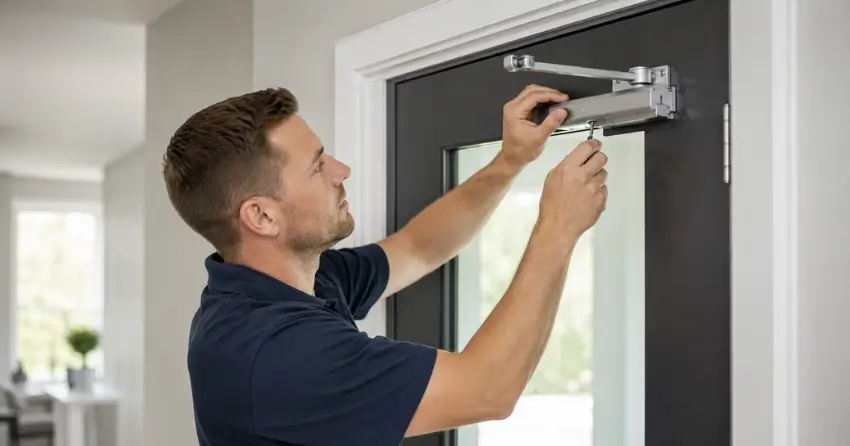 technician adjusting door closer hydraulic valve in Rolling Meadows, Thorold home
