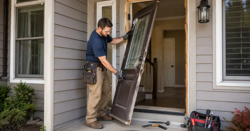 old exterior door being removed for replacement in Thorold