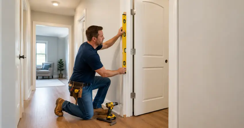 technician installing a pre-hung interior door in a home hallway DeCew, Thorold