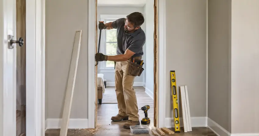 technician removing an old interior door frame during installation DeCew, Thorold
