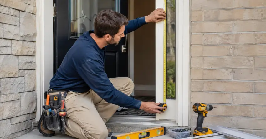 technician measuring door frame before storm door install in St. Johns, Thorold