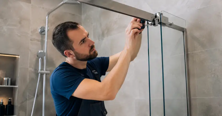 technician adjusting shower door hinge and track in South Confederation, Thorold