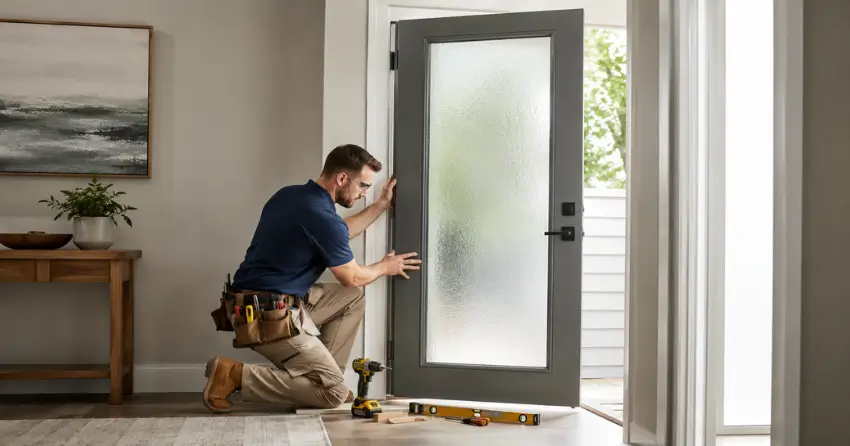 glass panel door installation with frosted privacy glass in residential setting in Allanburg, Thorold