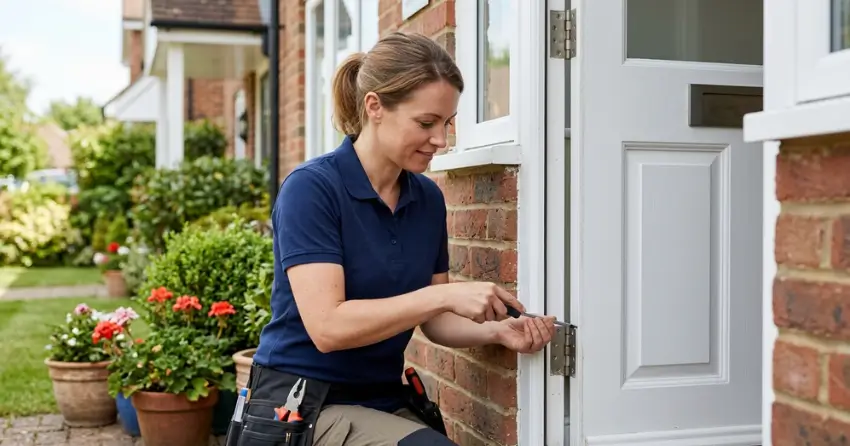 technician repairing exterior door hinge and frame in St. Johns, Thorold