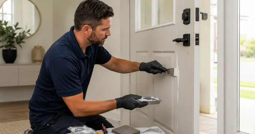 technician repairing fiberglass door surface crack in Allanburg, Thorold