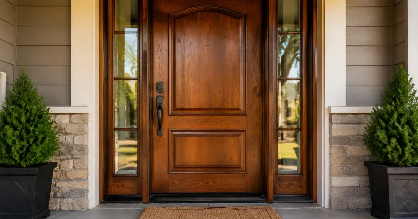 wood door mid-restoration showing stripped bare wood in Beaverdams, Thorold