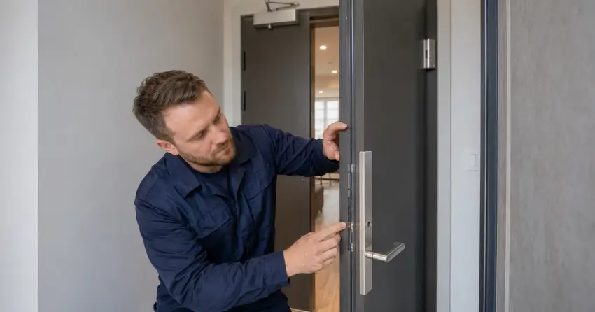 technician inspecting fire-rated door seal and hardware in Downtown Thorold, Thorold