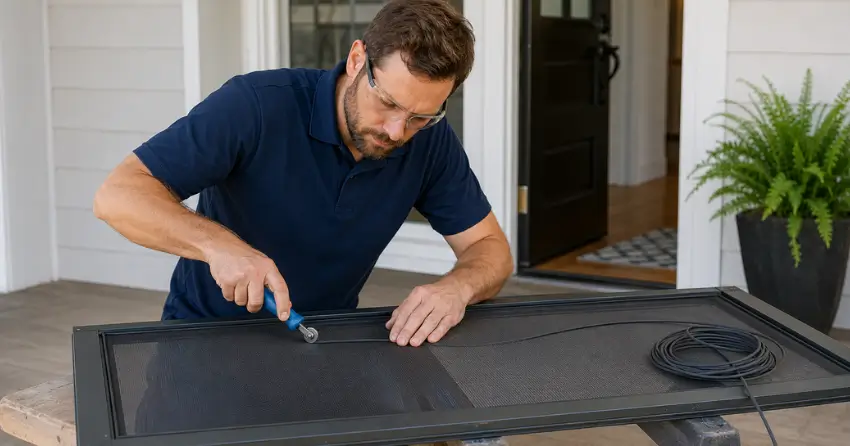 technician replacing screen door mesh and spline in Rolling Meadows, Thorold