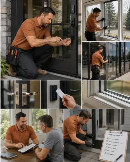 A technician checking a door closer during a commercial service visit